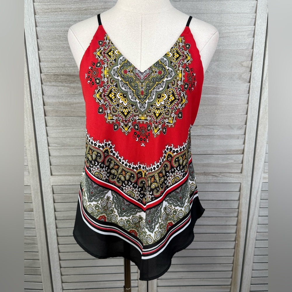 IZ BYER Women's Y2K Bandana Style Triangle Hem Boho Cami Top Red/Multi-Medium